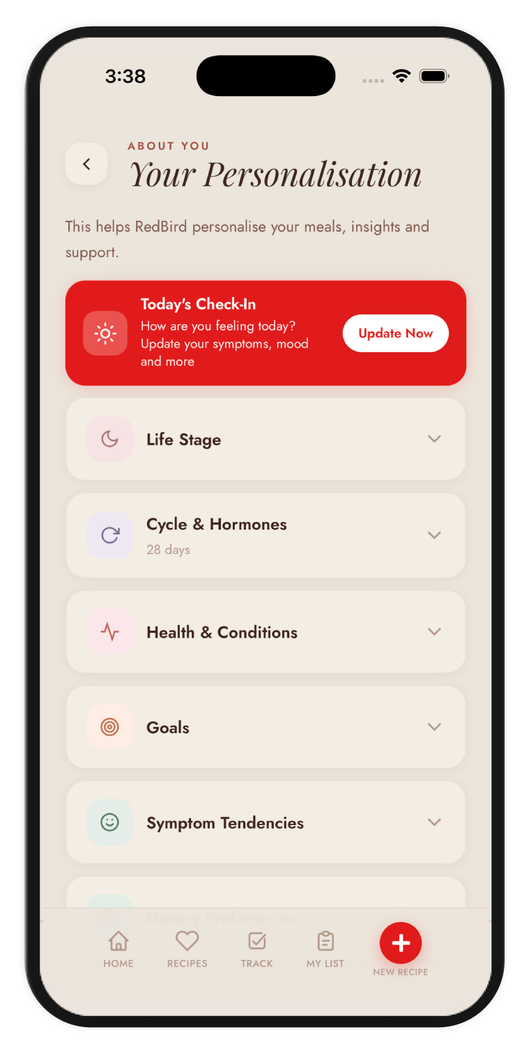 RedBird Period Tracker personalization screen with life stage, cycle, health and symptom options
